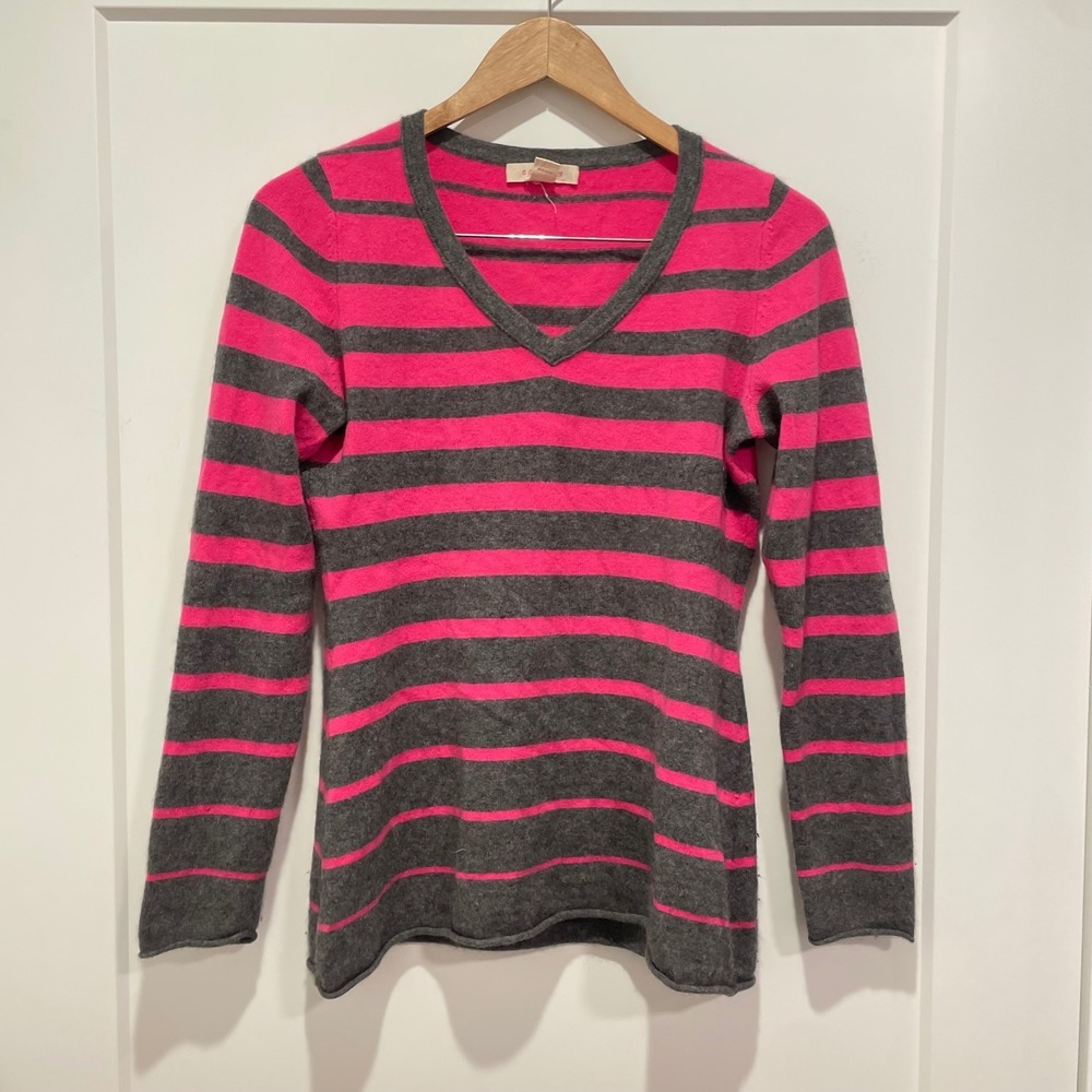 C. Cashmere Womens 100% Cashmere V-Neck Striped Sweater Pink‎ Grey Size M